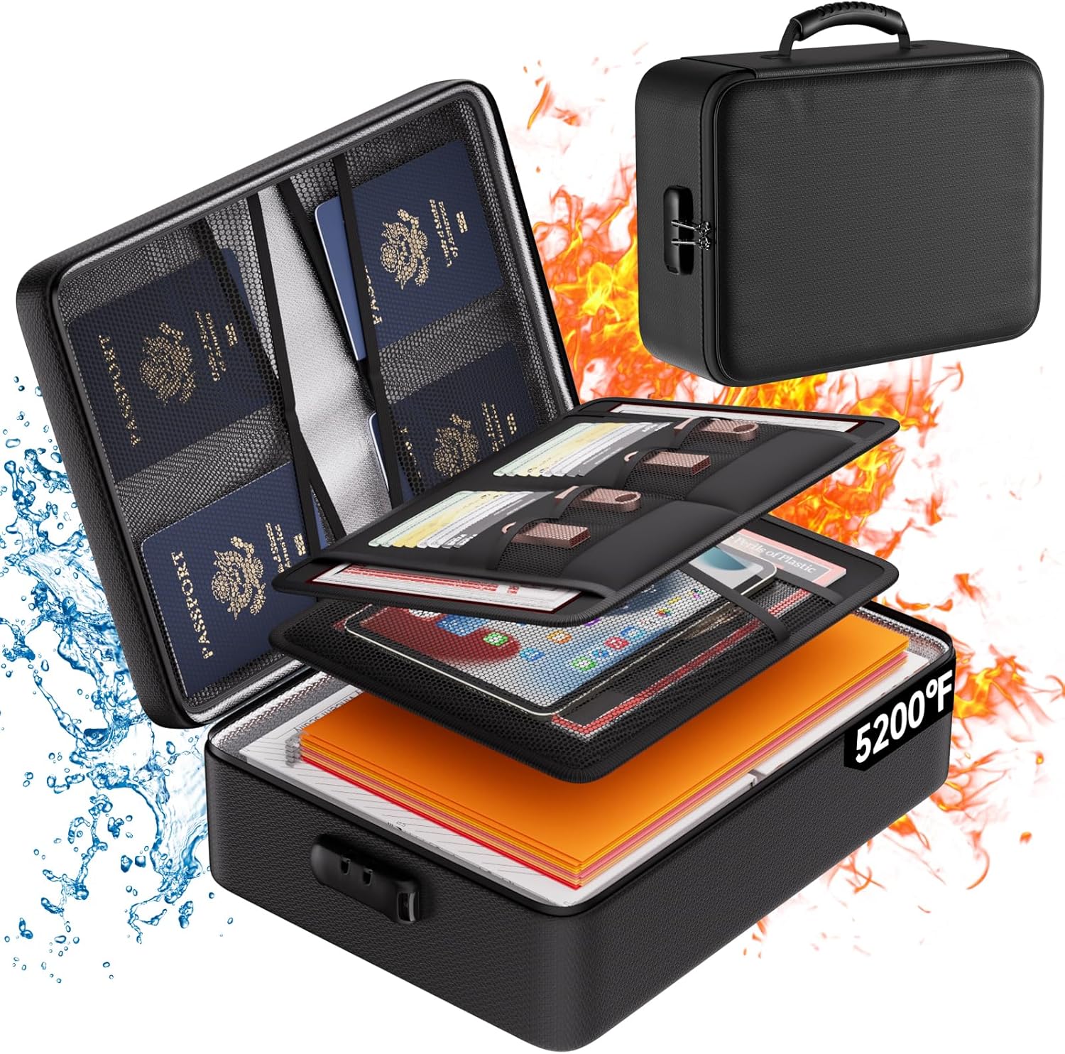 DocSafe 5200°F Document Organizer with Lock,Upgraded Heat Insulated Fireproof&Waterproof Box 8 Layers File Organizer,Portable Home Travel Safe Storage for Important Documents, Files and More